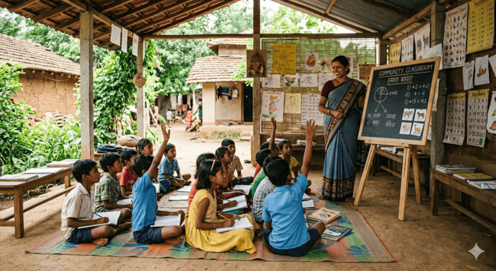 Children learning in a community classroom with local teacher