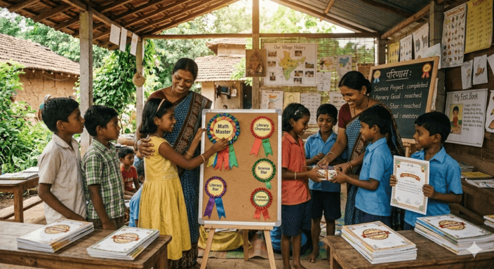 Students achieving educational goals with teacher support